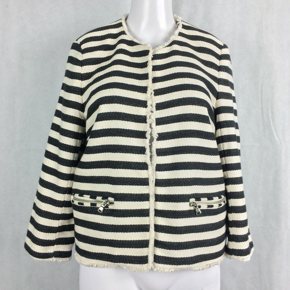 Metaphor Jacket Blazer Womens Sz L Black Ivory Striped Woven Fringe Trim Cropped